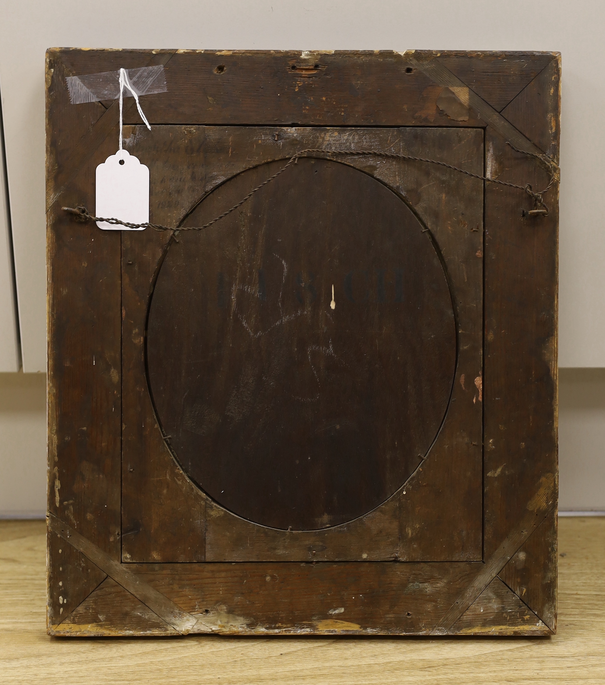 Early 19th century school, circa 1820, oval oil on board, Portrait of a lady, indistinctly inscribed and dated in ink verso with stencil and chalk marks, 25 x 21cm